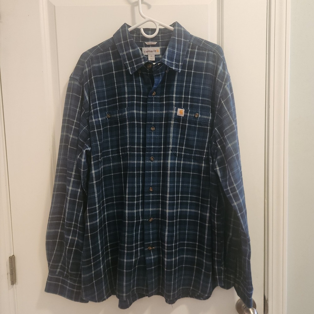 Carhartt Mens Relaxed Fit Flannel Plaid Shirt Blue XL Regular